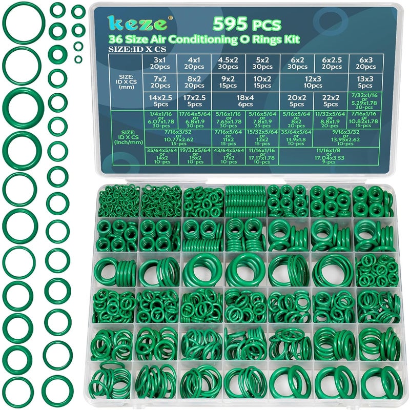 Keze 595 Pcs Air Conditioning O Ring Kit,36 Size Seal Rubber O-Rings Assortment Set for Compressor Automotive A/C Plumbing Repair ID:3-22mm - Image 1